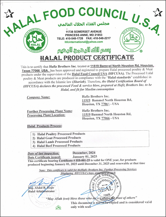 Halal Food Council U.S.A. Halal Product Certificate for Hafiz Brothers Inc., listing approved processing for Poultry, Lamb, Goat, and Beef, issued in January 2024."