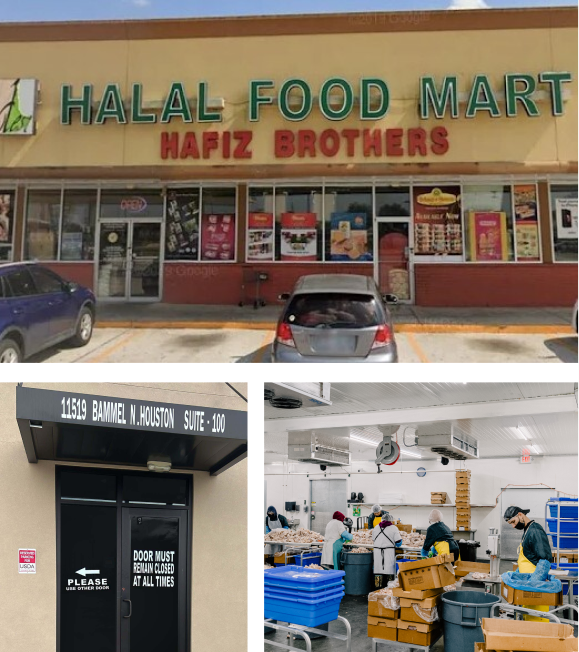 "Hafiz Brothers Halal Food Mart storefront and halal meat processing facility showing USDA-inspected operations and staff packaging fresh halal meat