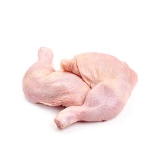 Two raw Jumbo Chicken Leg Quarters (thigh and drumstick attached) on a white background.