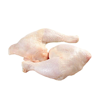 Two raw Chicken Leg Quarters (thigh and drumstick attached).