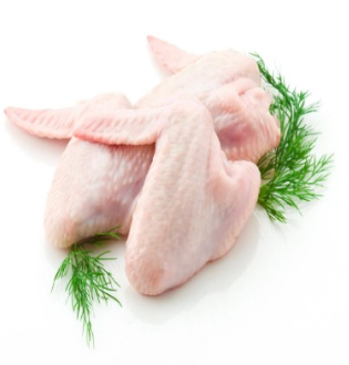 Raw Jumbo Chicken Wings displayed with a sprig of dill or similar herb.