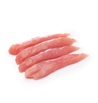 Four raw, pink Chicken Tenders arranged neatly.