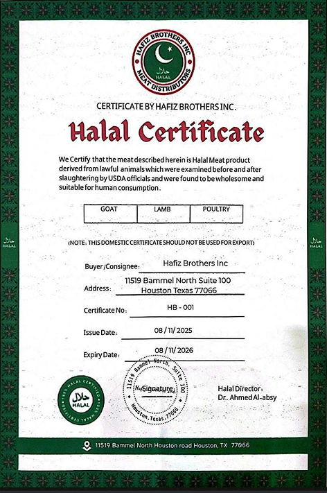 Halal Certificate by Hafiz Brothers Inc. for Goat, Lamb, and Poultry meat, issued 08/18/2025 and expiring 08/18/2026