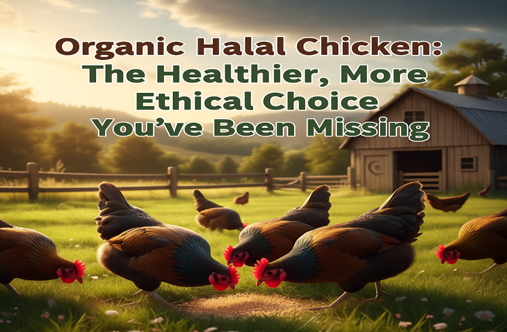 Free-range chickens on a farm pasture at sunset with a barn in the background. Text overlay: "Organic Halal Chicken: The Healthier, More Ethical Choice You've Been Missing.