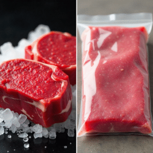 Close-up split image showing fresh halal beef. On the left are thick cuts of raw halal meat steaks resting on crushed ice. On the right, a clear, vacuum-sealed bag of halal ground meat (mince). Shows quality and packaging of fresh halal beef products.